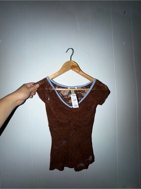 RSQ Brown Lace Top with Light Blue Trim Size XS